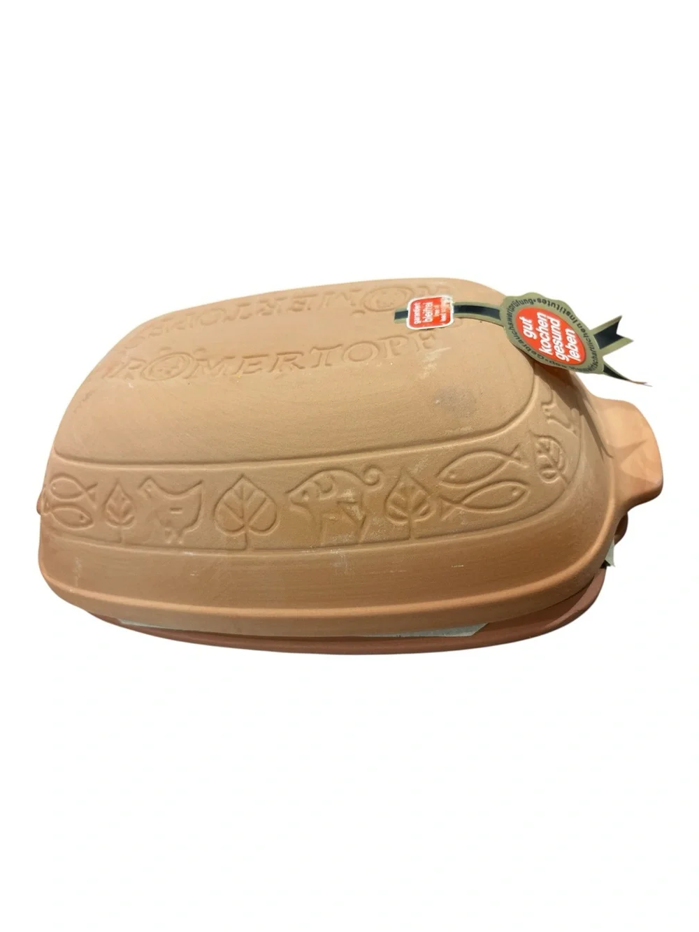 NIB ROMERTOPF 110 CLAY ROASTER W GERMANY NIB FISH CHICKEN DESIGN W RECIPE BOOK